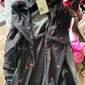 Forever 21 Black Sheer Jacket with black slip dress- Strawberry Print